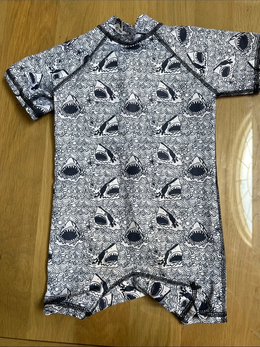 Kids Short-Sleeve Shark-Print Swim One-Piece - Navy & White